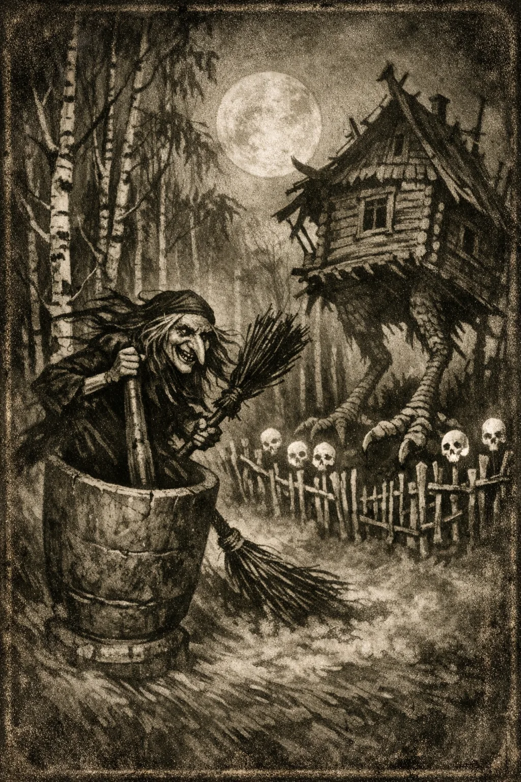 Baba Yaga — Expressionist 1922: German silent-era, hard shadow and warped architecture