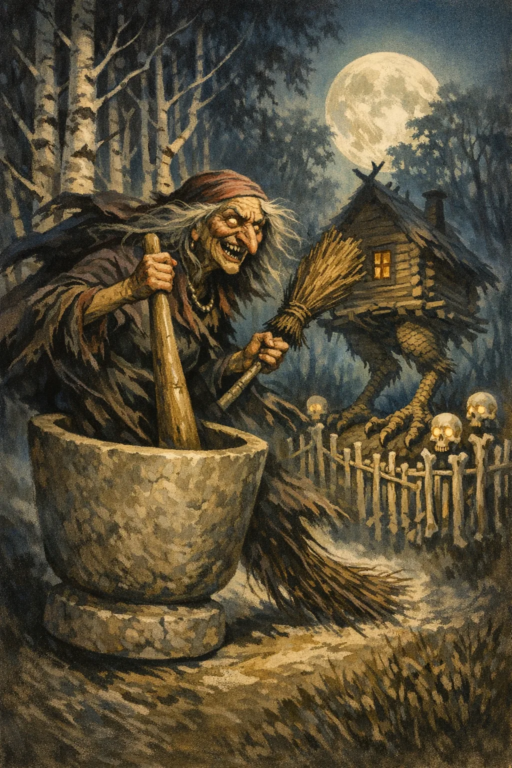 Baba Yaga — Matinee Gouache: 1940s painted one-sheet, spotlight and deep shadow