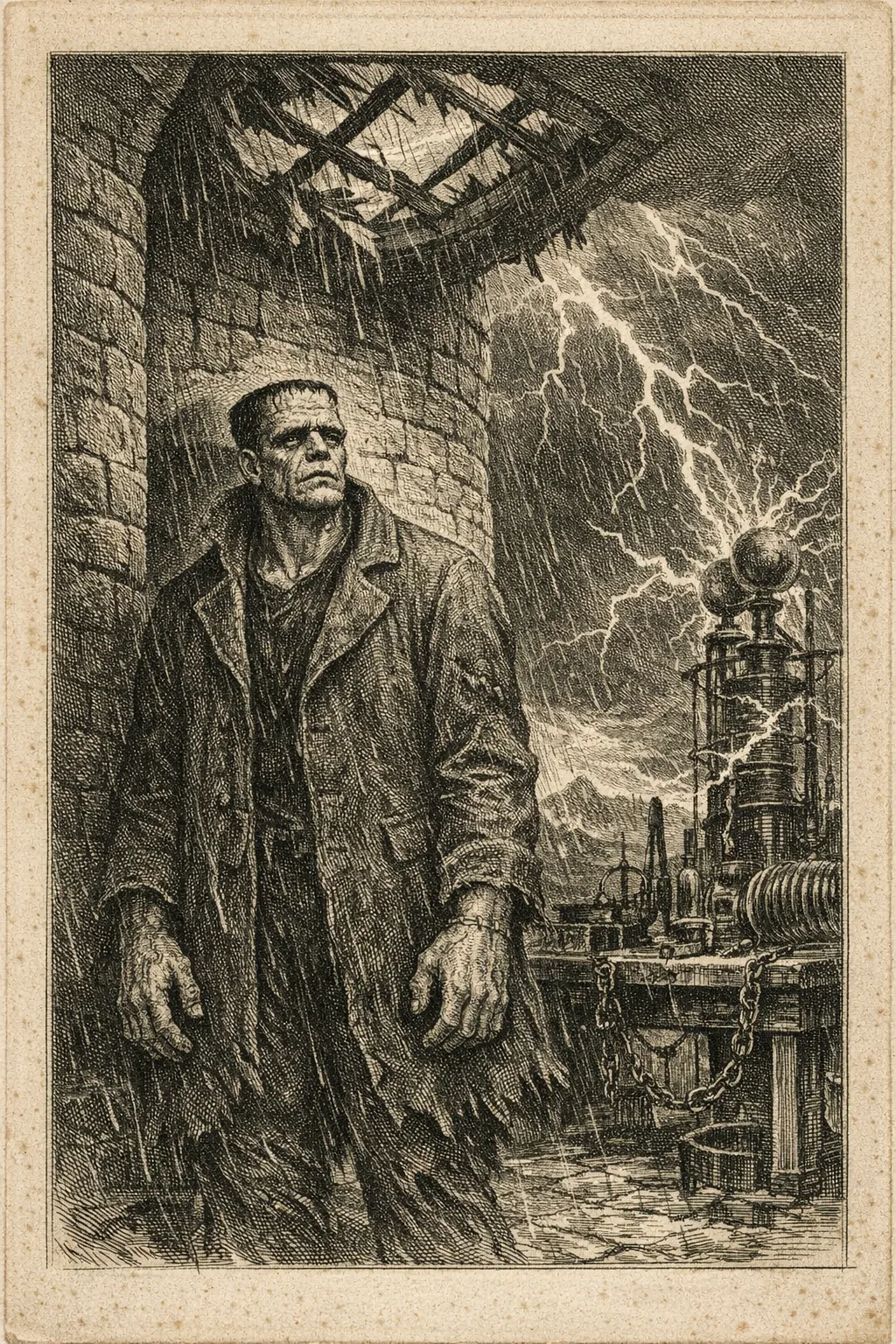 Frankenstein's Monster — Doré Engraving: 19th-century steel engraving, dense crosshatch