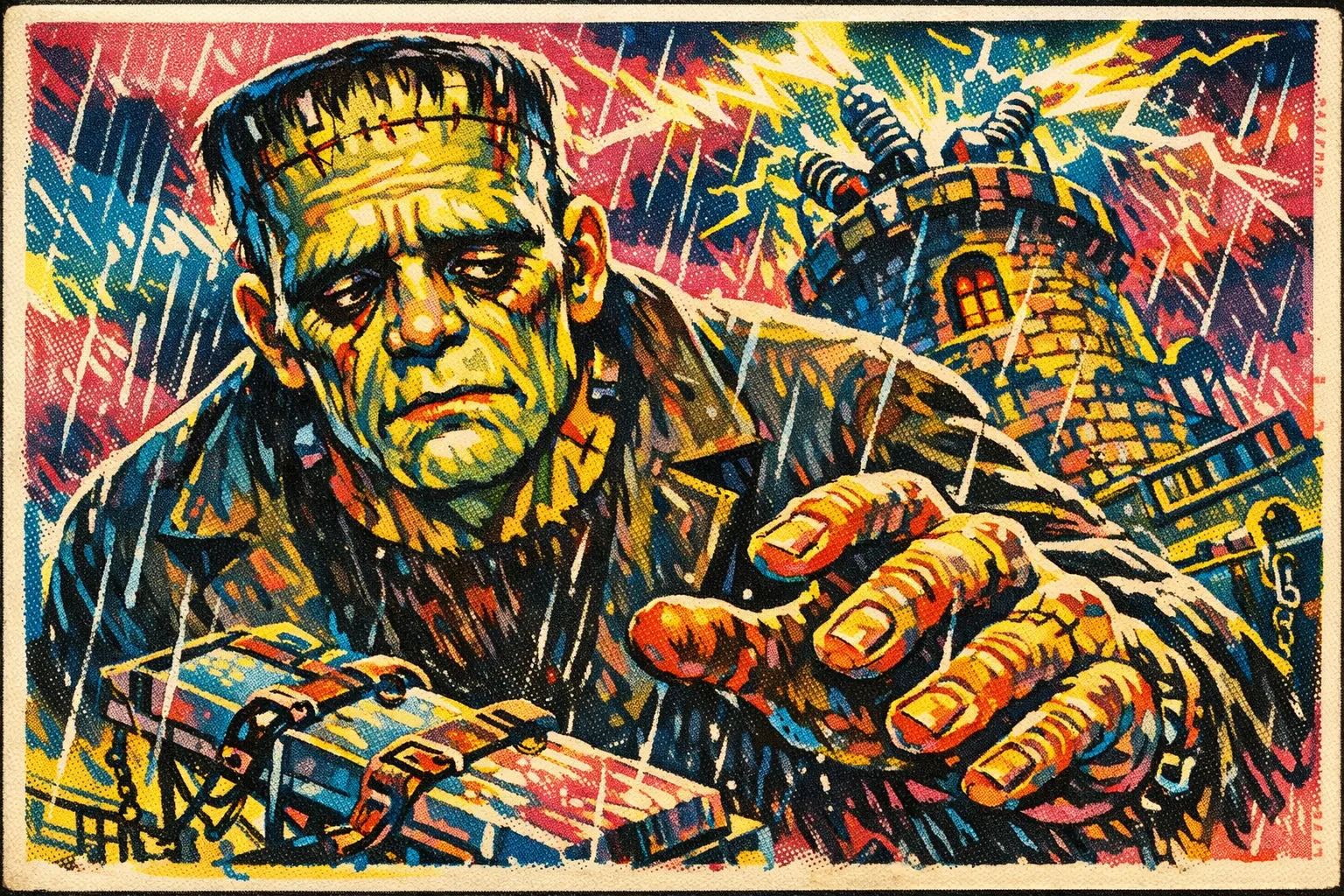 Frankenstein's Monster — Drive-In Pulp: 1950s painted pulp cover, garish and kinetic