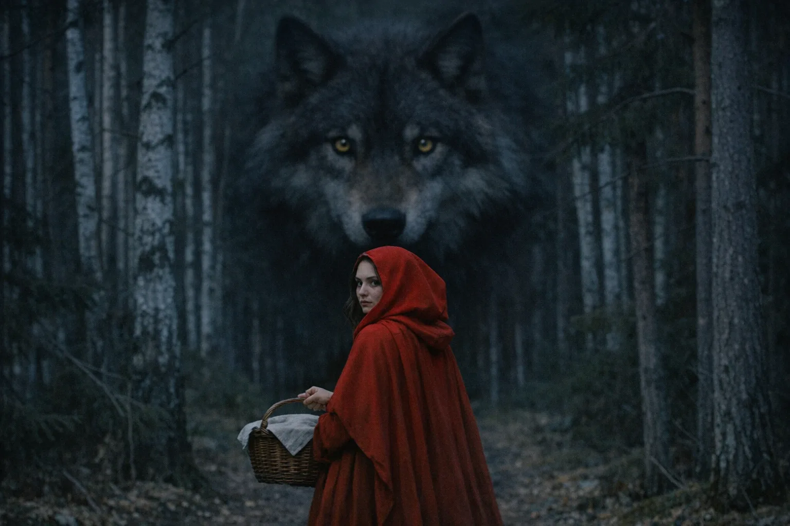 Little Red Riding Hood — Folk Horror: Contemporary arthouse cinema, natural light, unsettling stillness