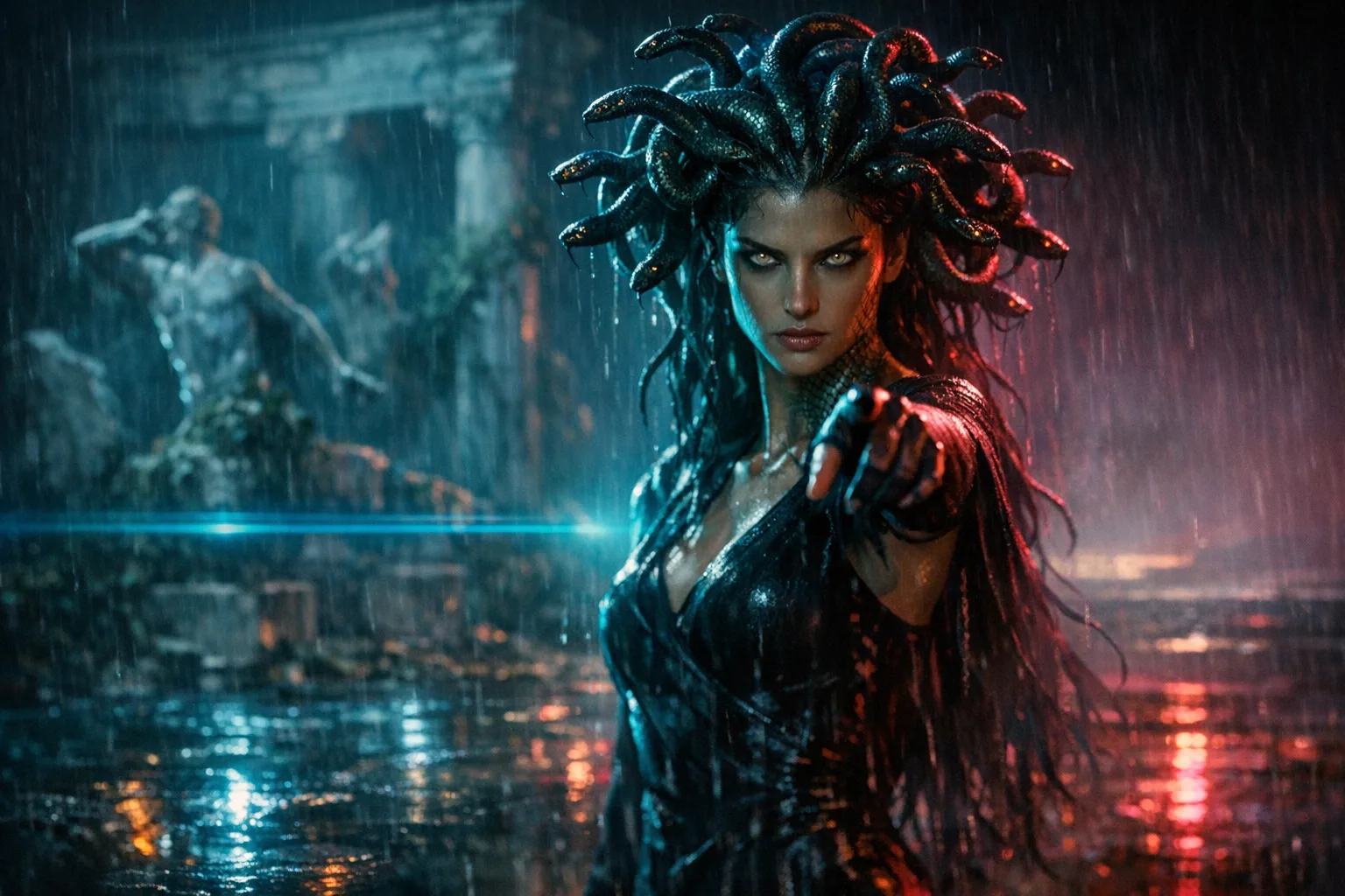 Medusa — Neon Noir: Modern anamorphic cinema, rain and coloured rim light