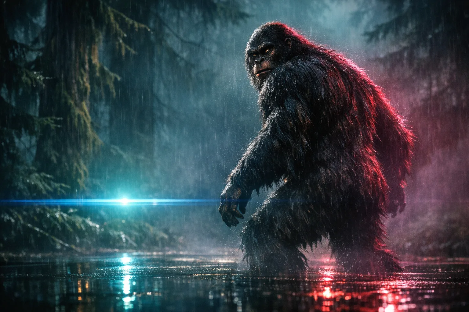 Sasquatch — Neon Noir: Modern anamorphic cinema, rain and coloured rim light