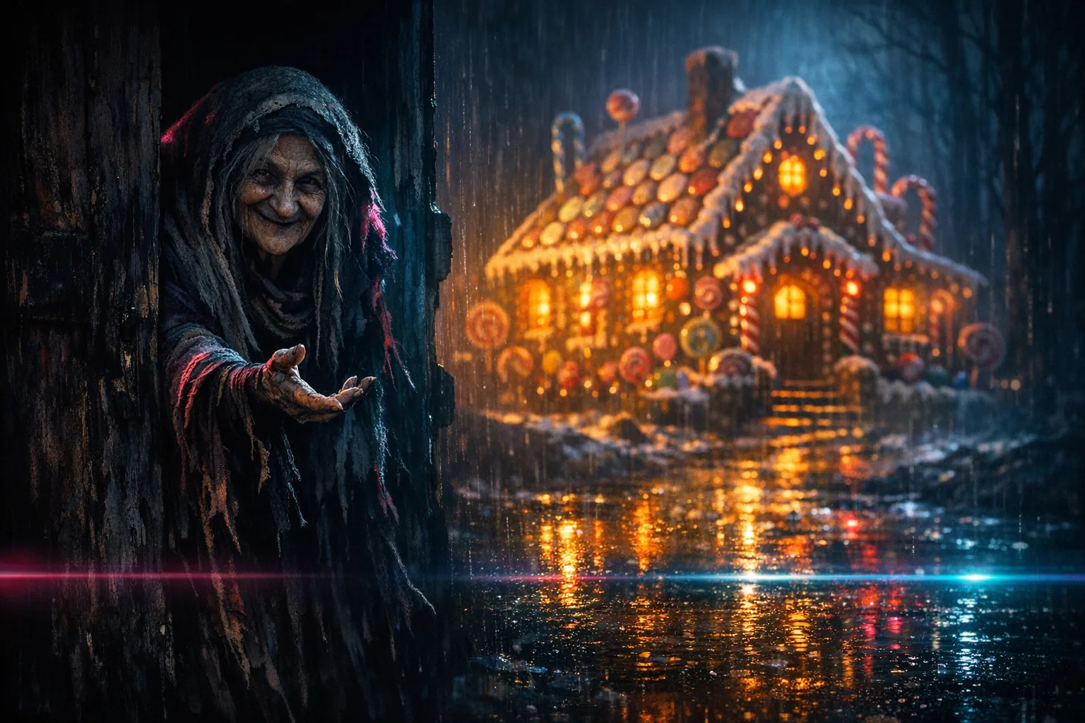 The Gingerbread Witch — Neon Noir: Modern anamorphic cinema, rain and coloured rim light