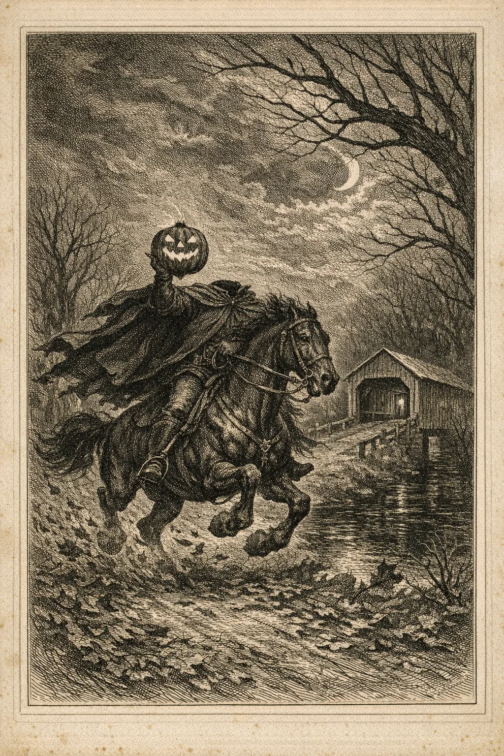 The Headless Horseman — Doré Engraving: 19th-century steel engraving, dense crosshatch