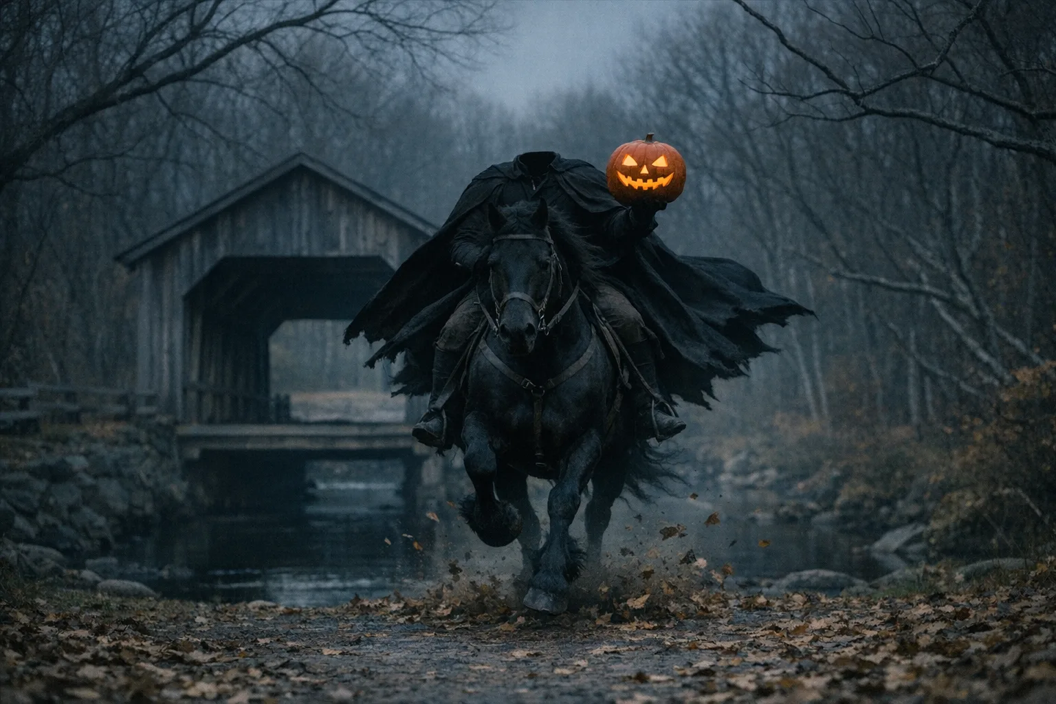 The Headless Horseman — Folk Horror: Contemporary arthouse cinema, natural light, unsettling stillness
