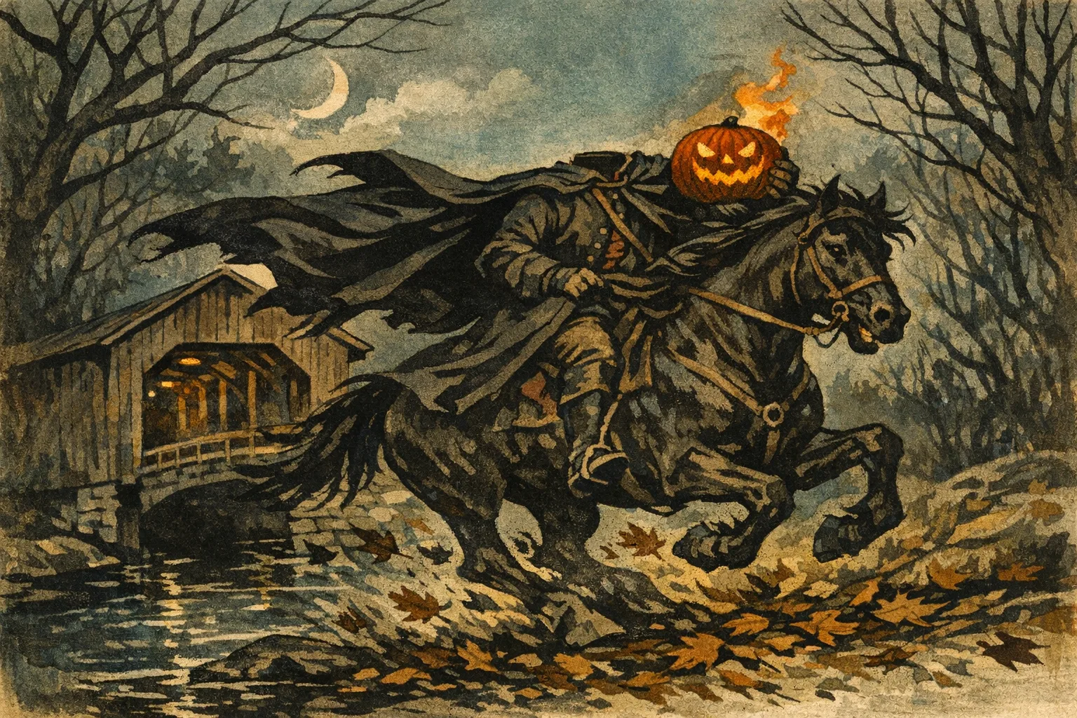 The Headless Horseman — Modern Storybook: Contemporary editorial illustration, gouache and ink