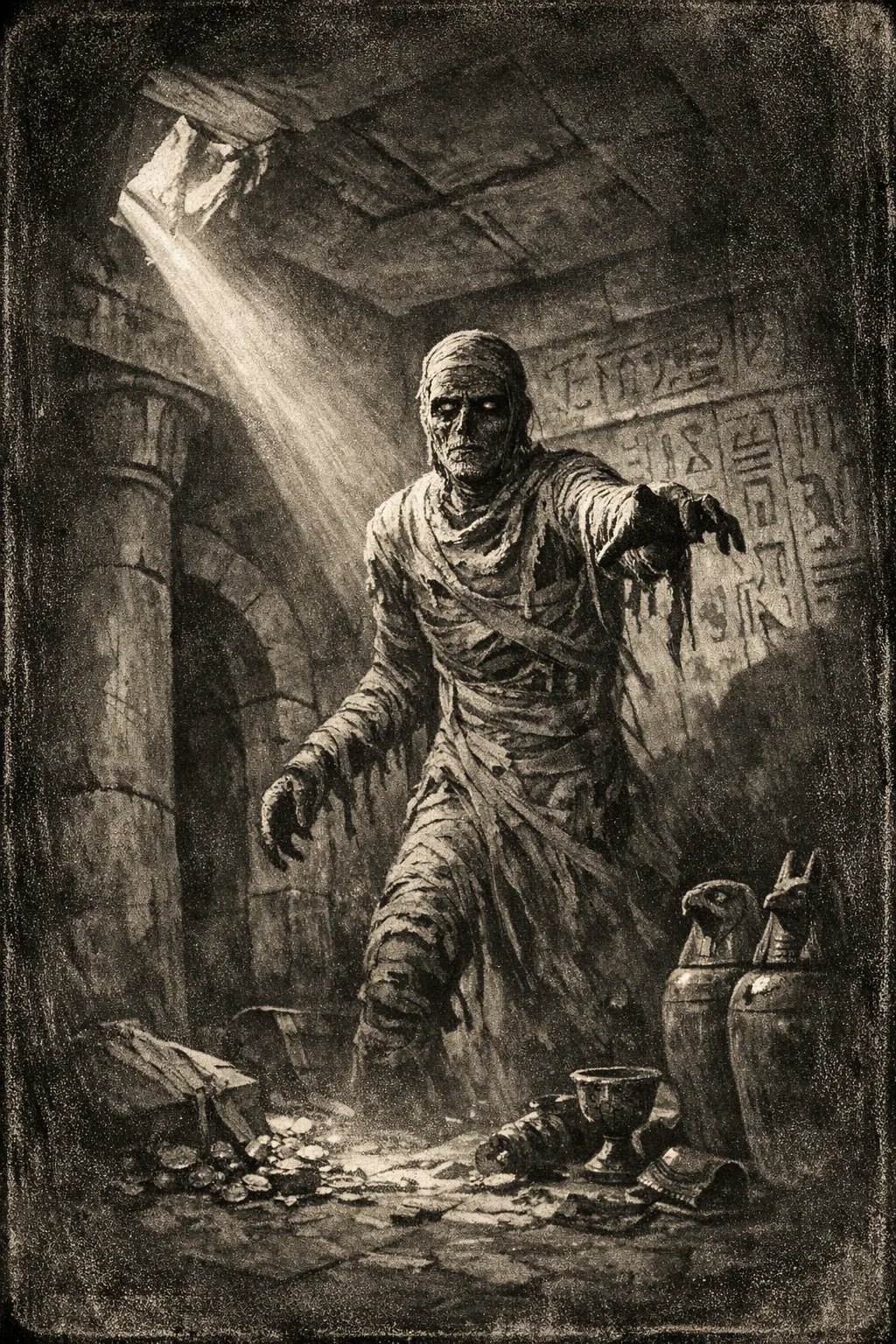 The Mummy — Expressionist 1922: German silent-era, hard shadow and warped architecture