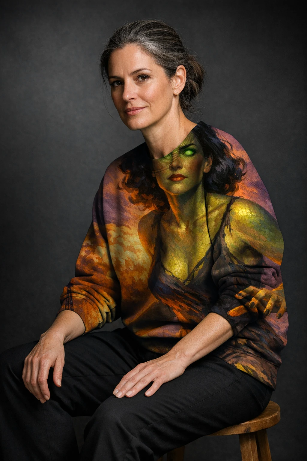 A woman seated on a stool in a sweatshirt printed edge to edge with the Atomic Age render of Mara