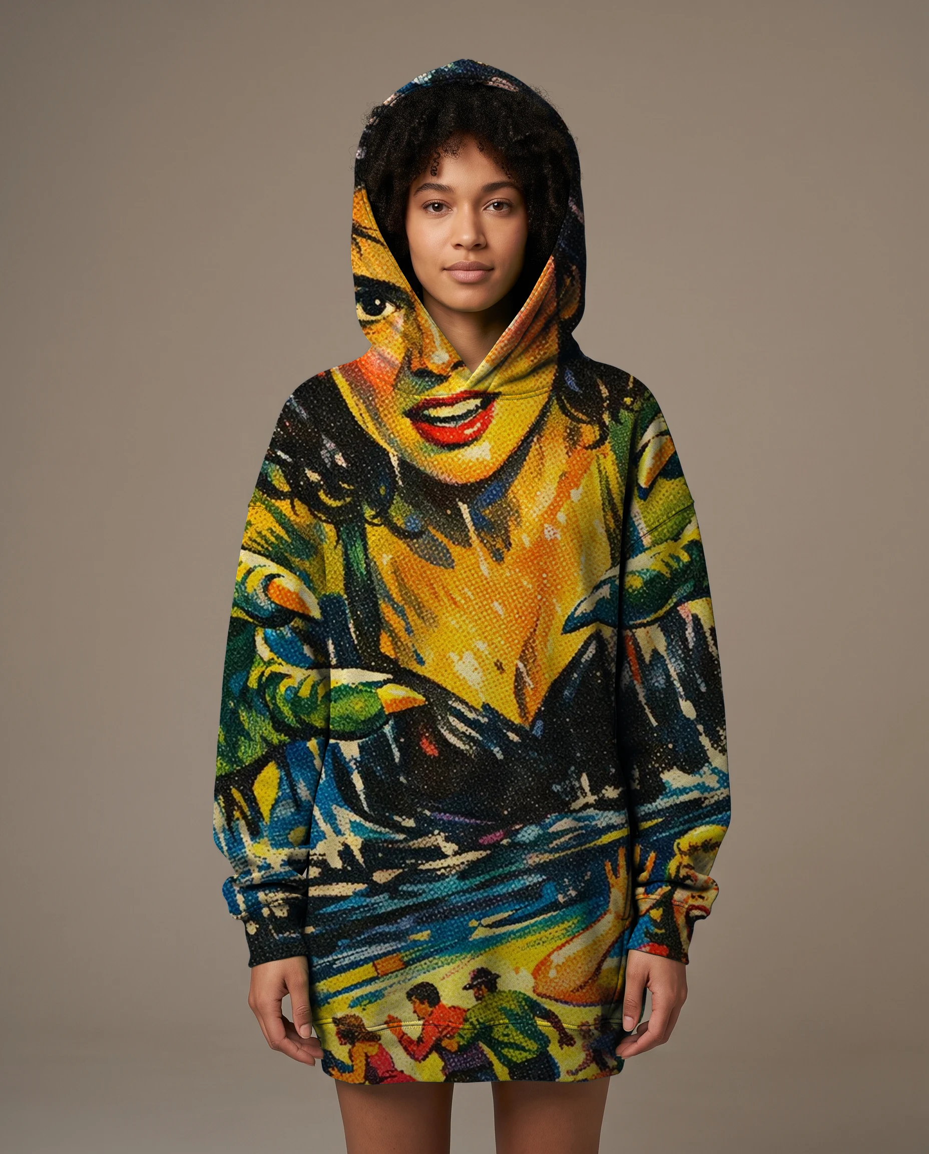 A woman in a hoodie printed edge to edge with the Drive-In Pulp render of Mara, hood up