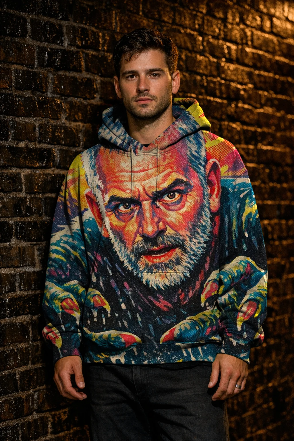 A man against a wet brick wall at night in a hoodie printed edge to edge with the Drive-In Pulp render of Silas