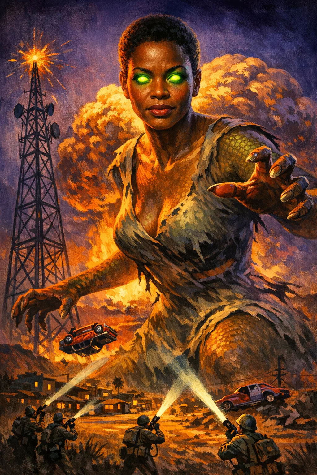 Imani rendered as Atomic Age 1954: Cold-war creature feature, painted one-sheet