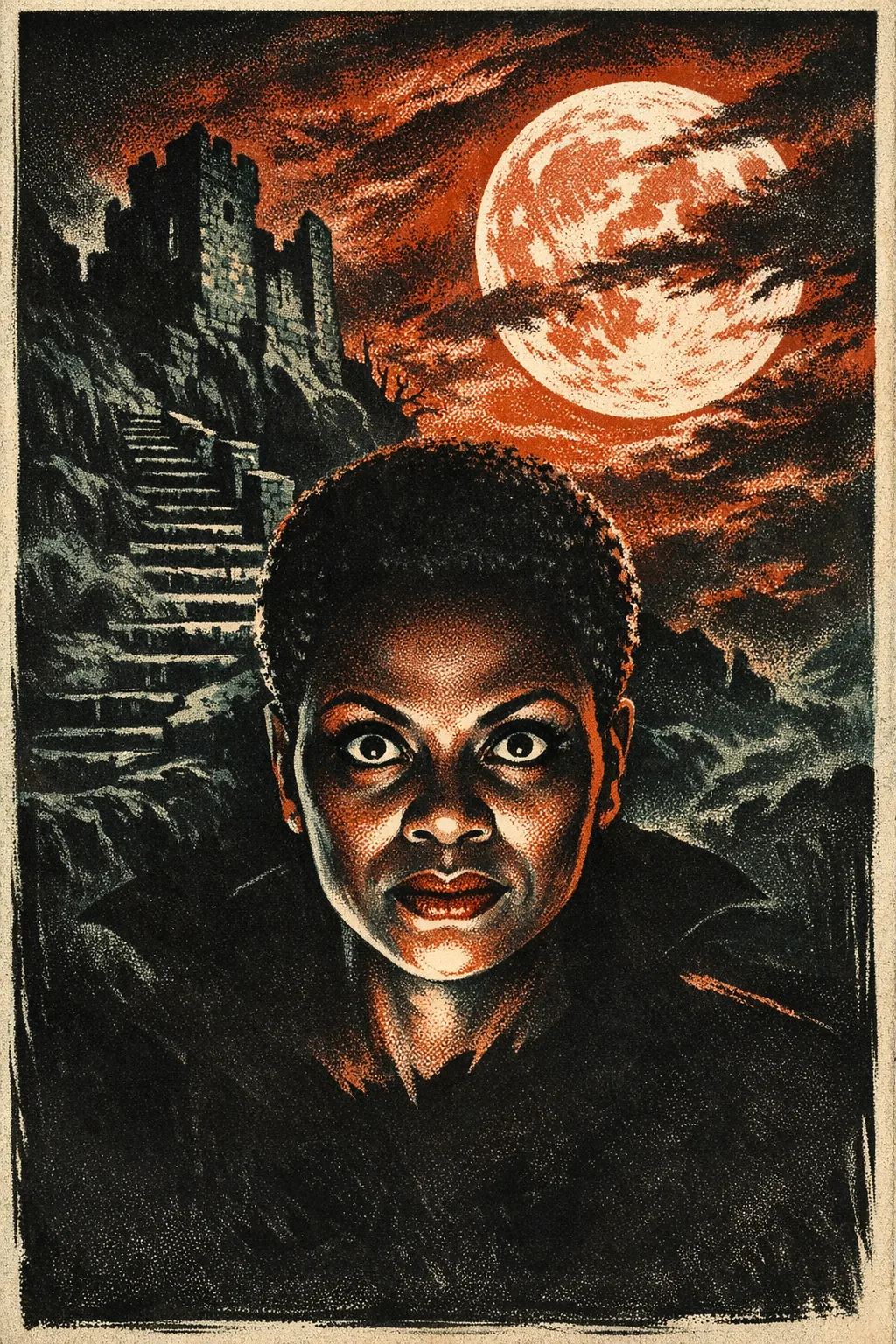 Imani rendered as Backlot 1931: Hand-painted stone-lithograph horror poster