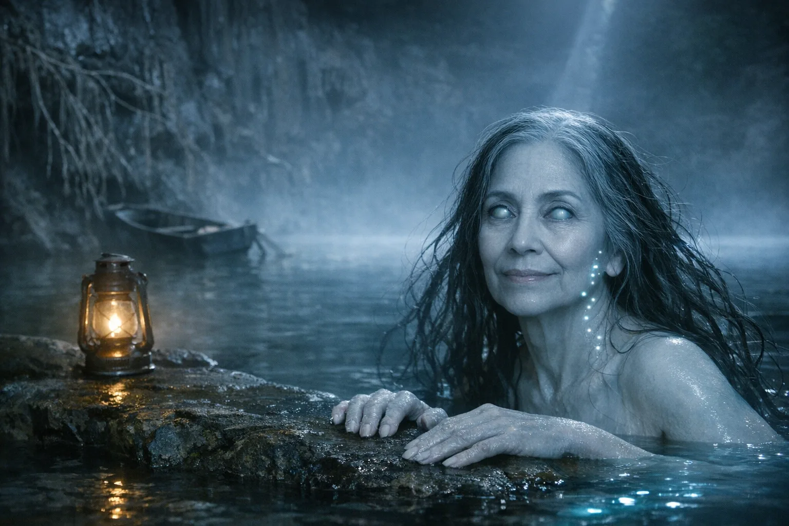 Rosa rendered as a The Black Water film still: You are what lives under the black water