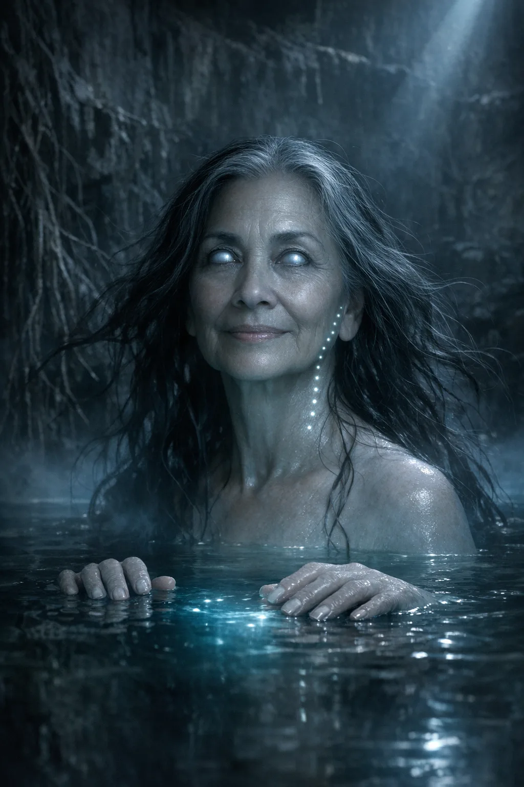 Rosa rendered as The Black Water: Scales, phosphor light, black water