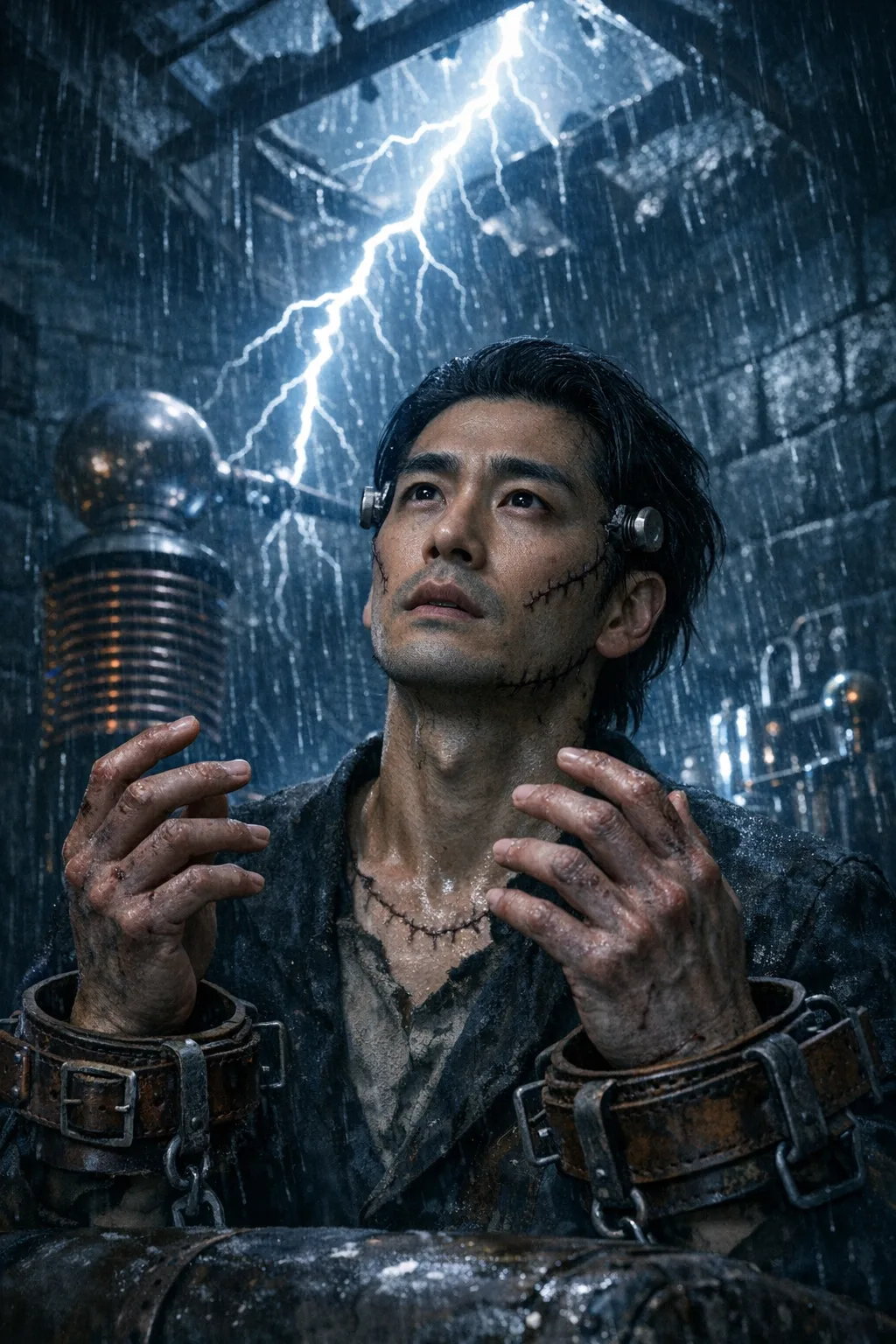 Kenji rendered as The Creation: Stitched, sallow, lightning tower