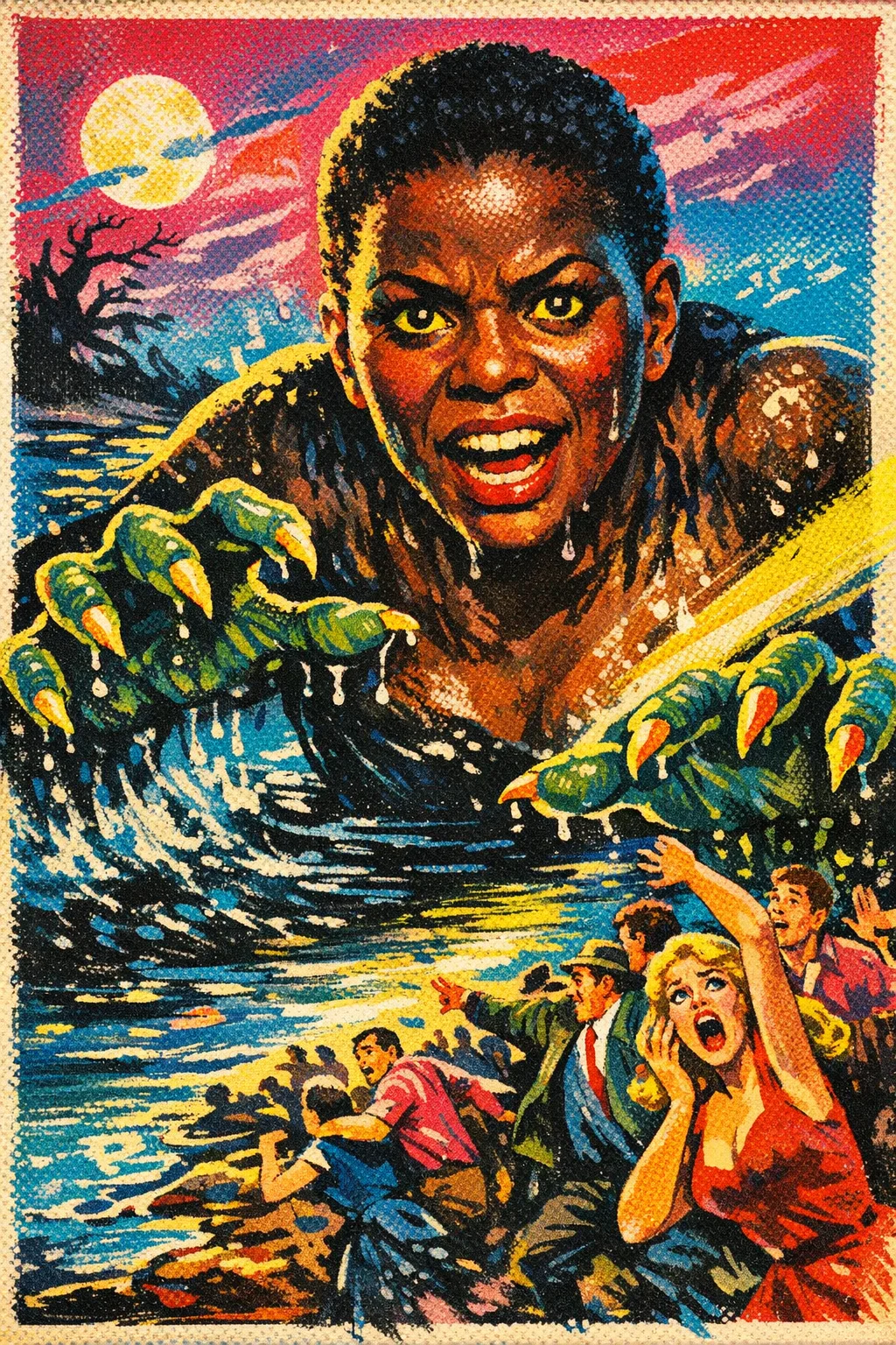 Imani rendered as Drive-In Pulp: 1950s gouache lobby card, four-colour press