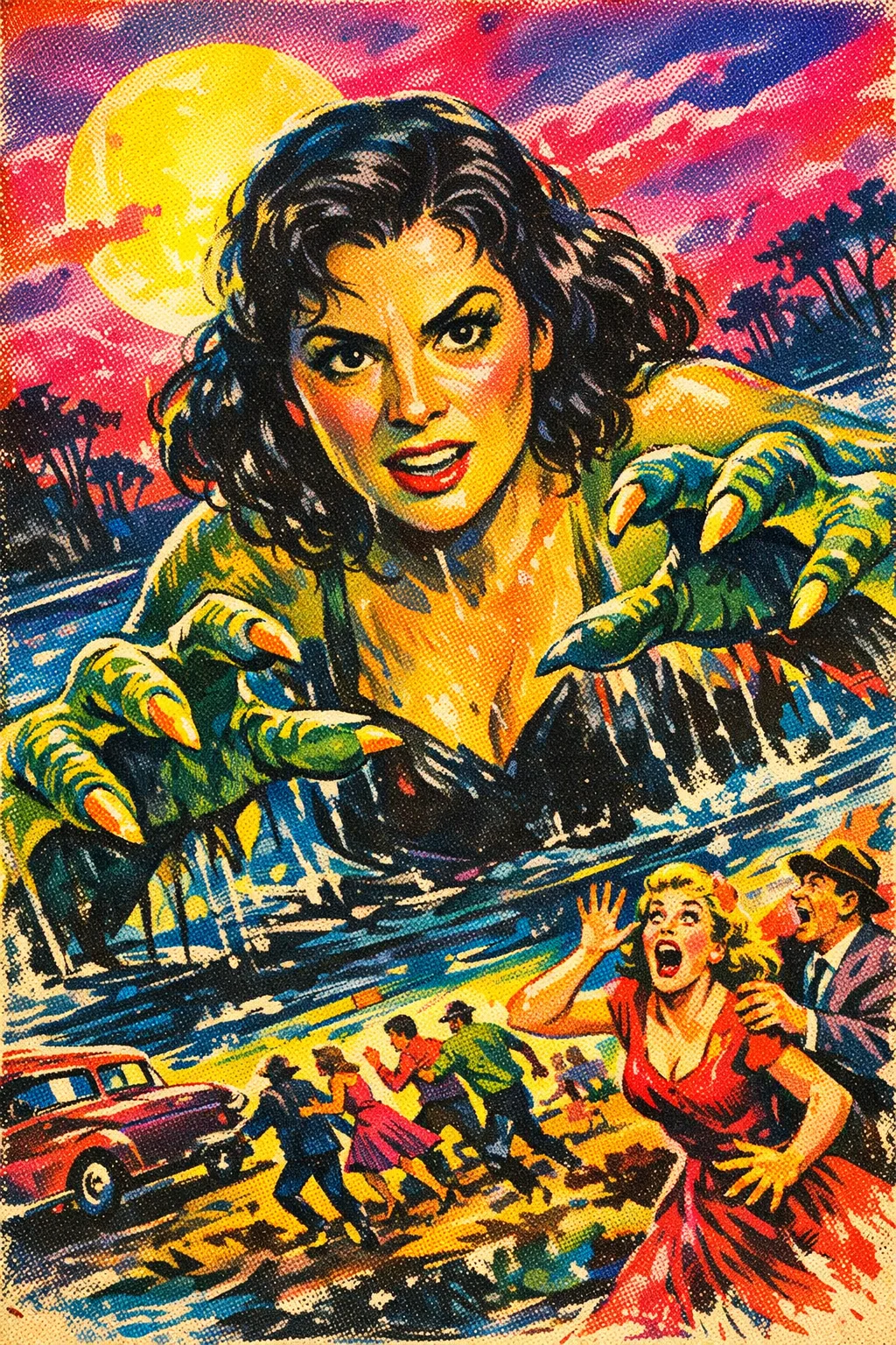 Mara rendered as Drive-In Pulp: 1950s gouache lobby card, four-colour press