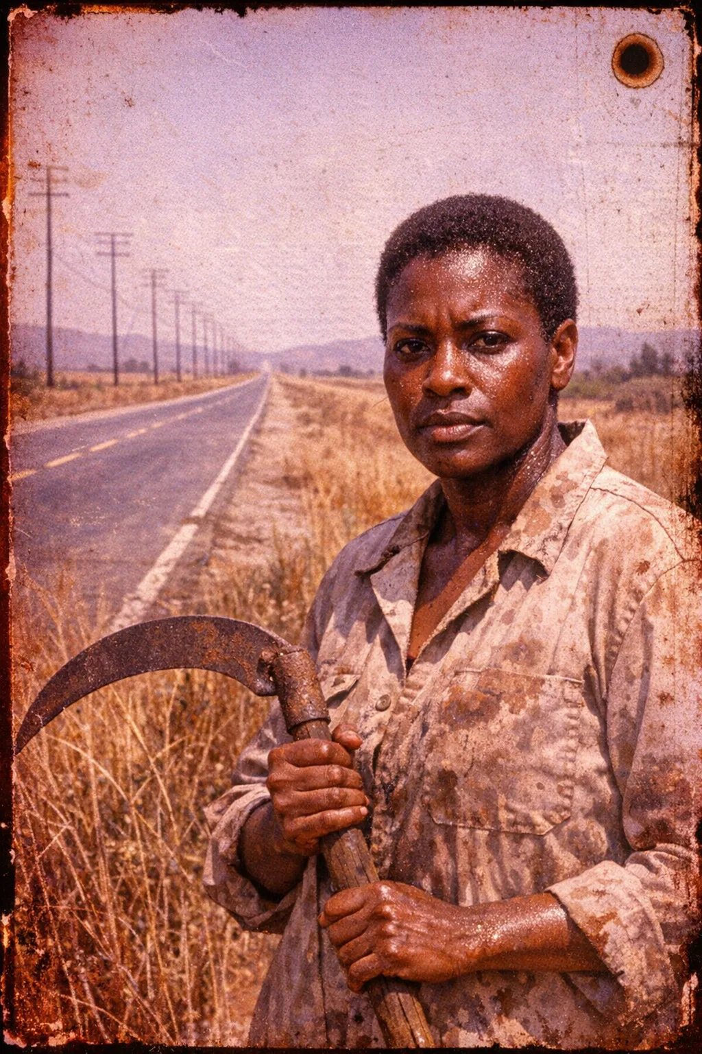 Imani rendered as Grindhouse 1976: Scratched exploitation print, sun-bleached