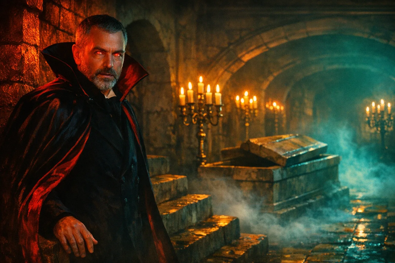 Silas rendered as a Hammer Technicolor film still: You are the count in the candlelit crypt