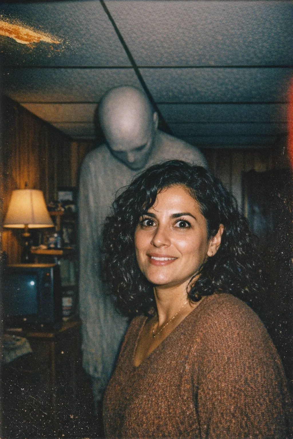 Mara rendered as Haunted Polaroid: Instant film, flash, something behind you