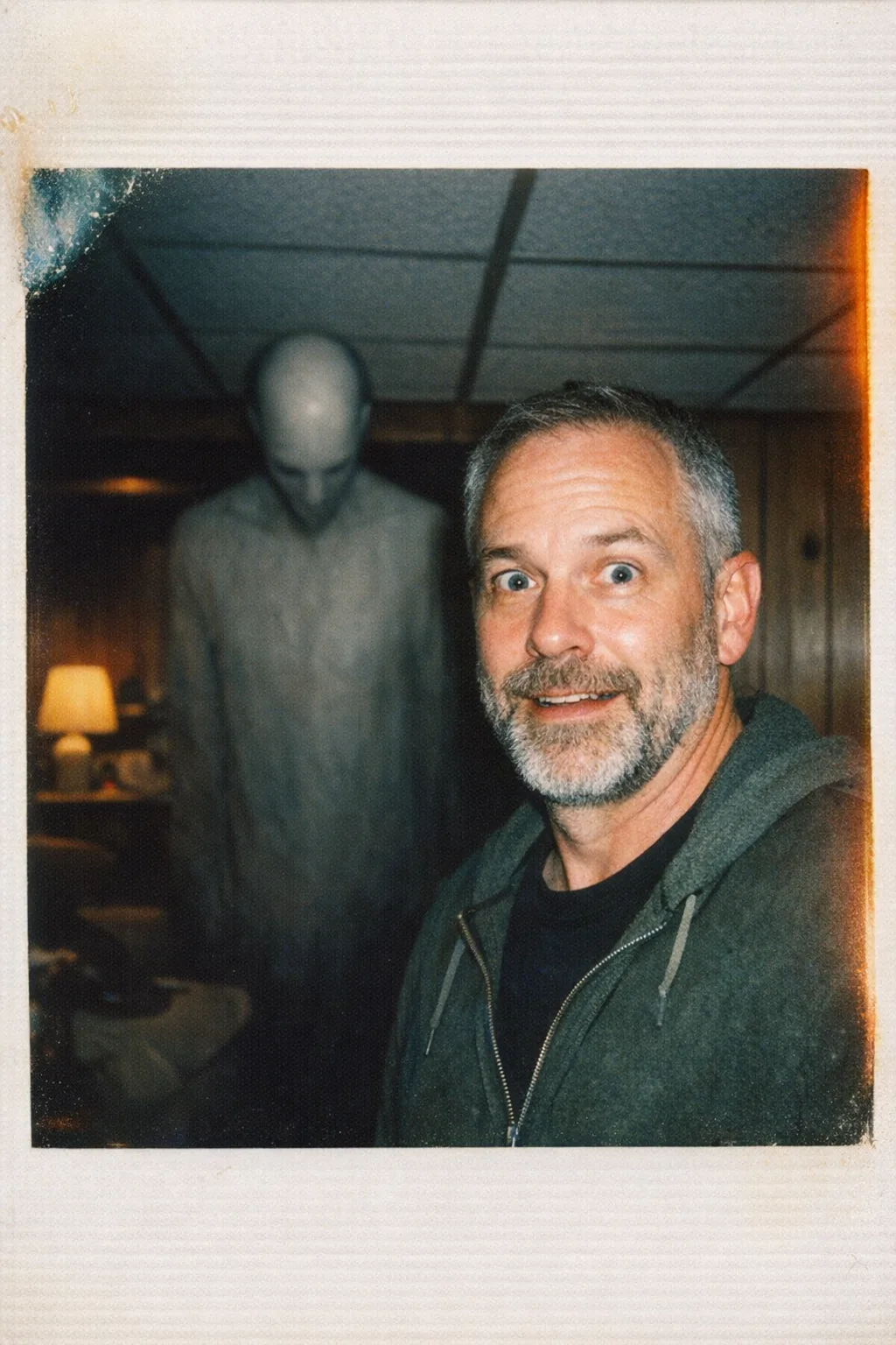 Silas rendered as Haunted Polaroid: Instant film, flash, something behind you