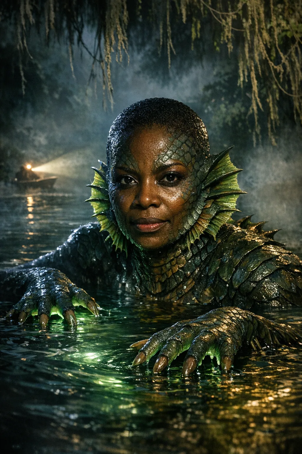 Imani rendered as The Lagoon Creature: Gill-man, scales, phosphor light, wet