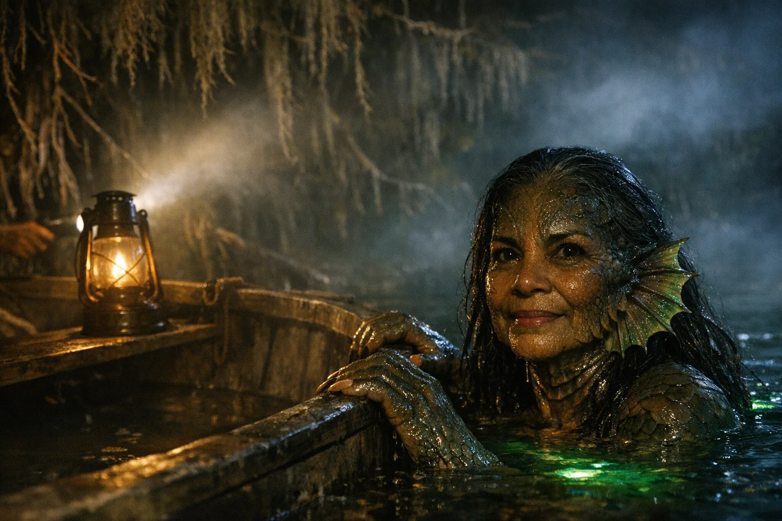Rosa rendered as a The Lagoon Creature film still: You are what lives under the black water