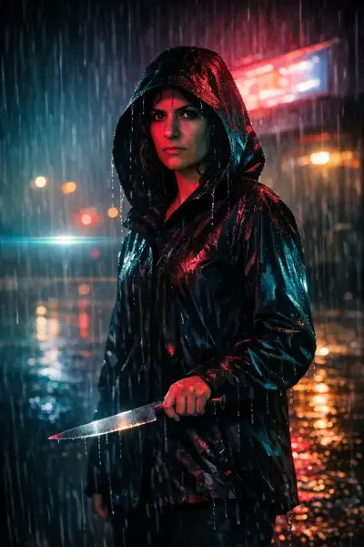 Mara, Neon Slasher, framed on a deciding wall