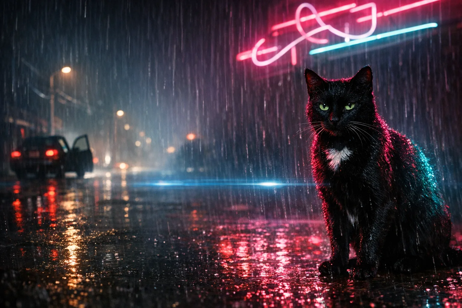 Nadia rendered as a Neon Slasher film still: They are the one waiting in the neon rain