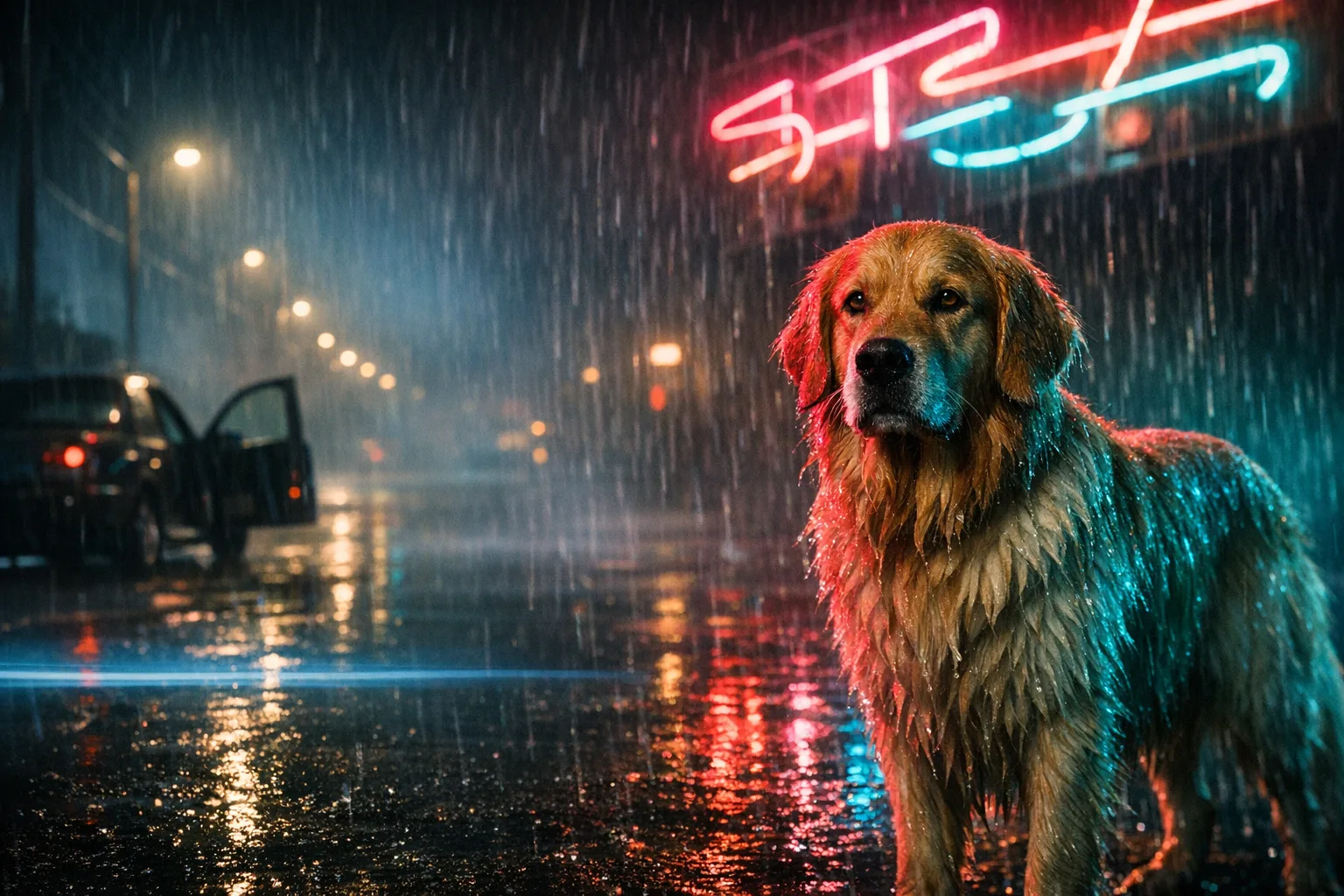 Rufus rendered as a Neon Slasher film still: They are the one waiting in the neon rain