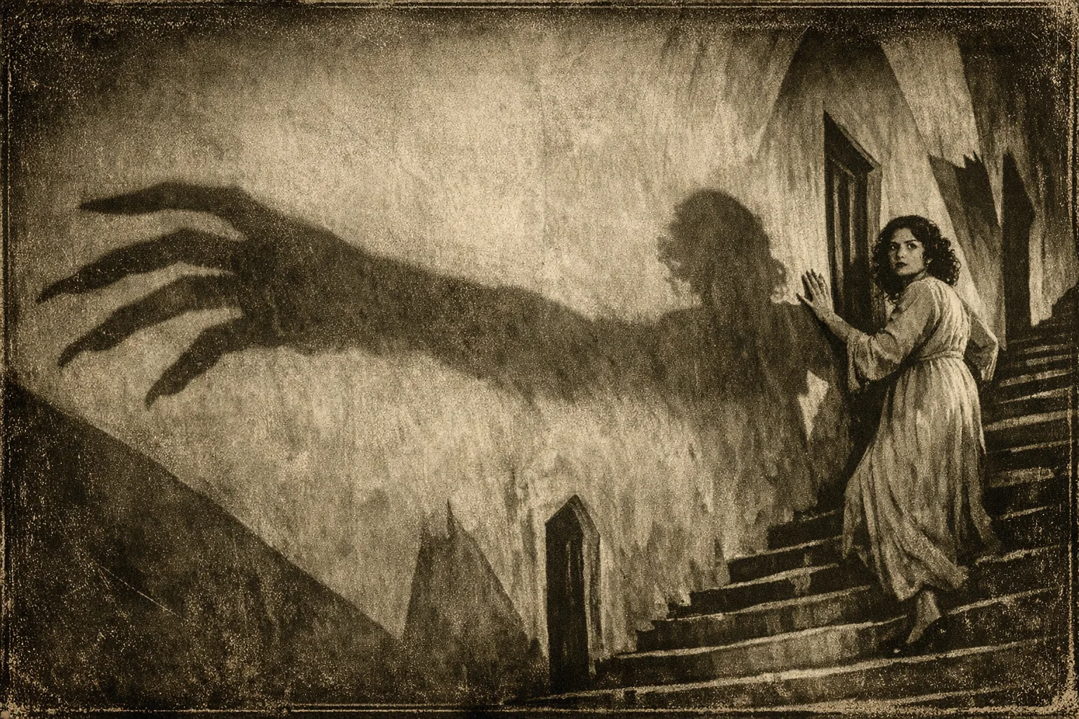Mara rendered as a Nosferatu 1922 film still: You are the shadow on the stair