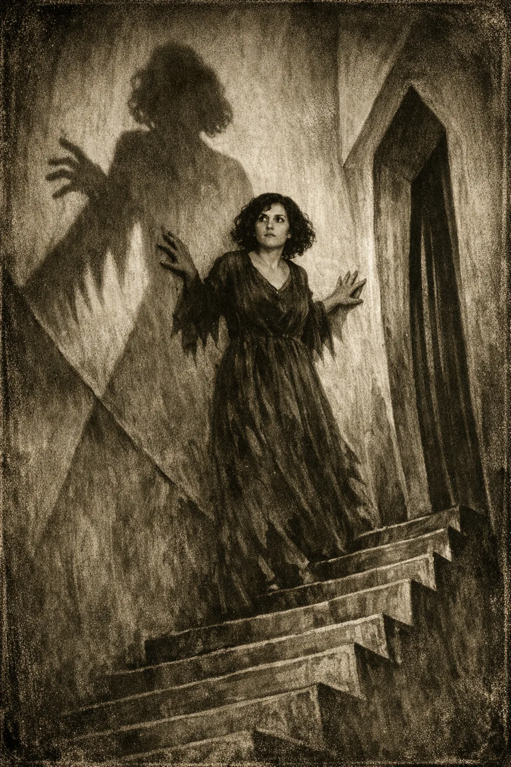 Mara rendered as Nosferatu 1922: German silent-era frame, hard shadow, warped set