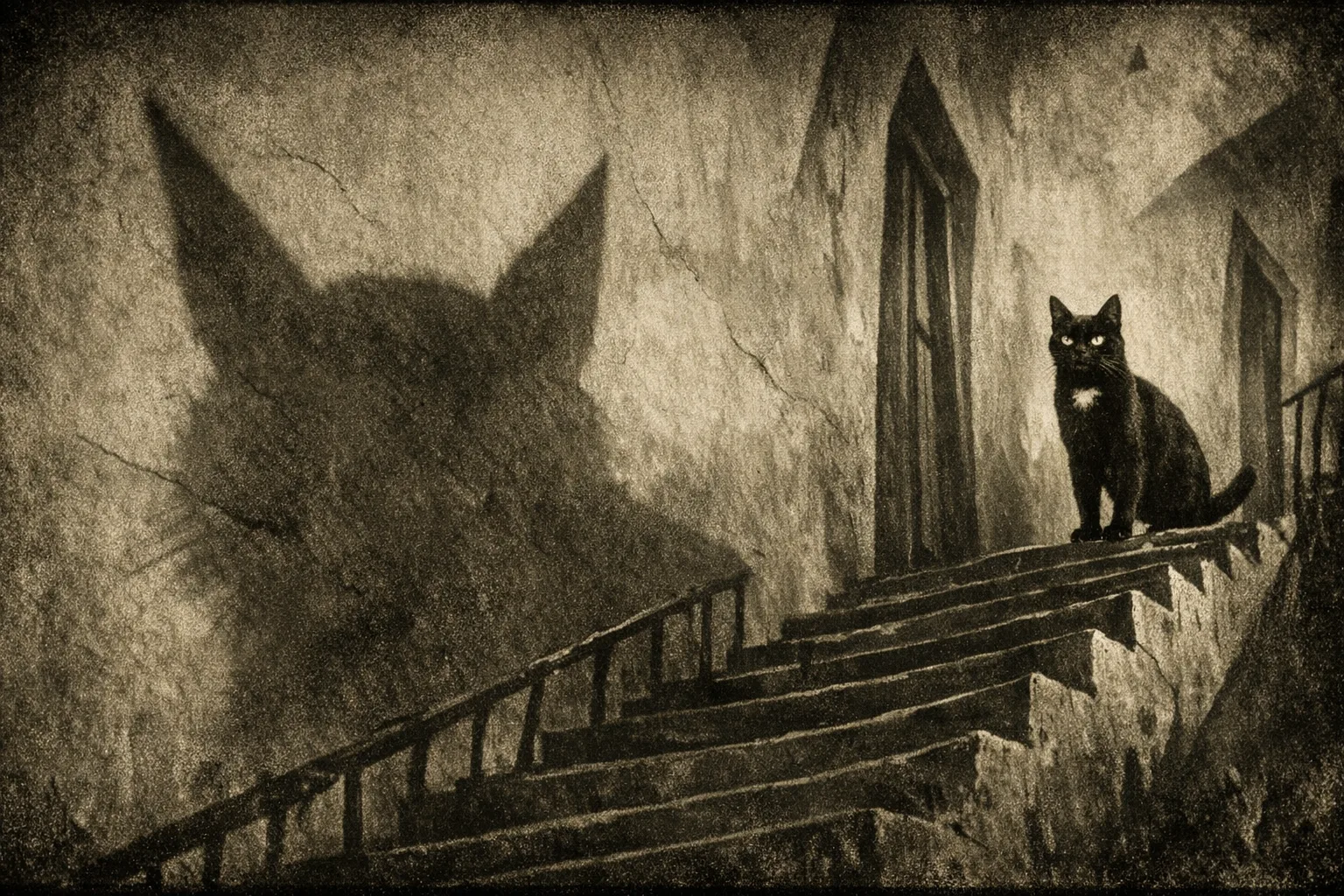 Nadia rendered as a Nosferatu 1922 film still: They are the shadow that climbs the stair