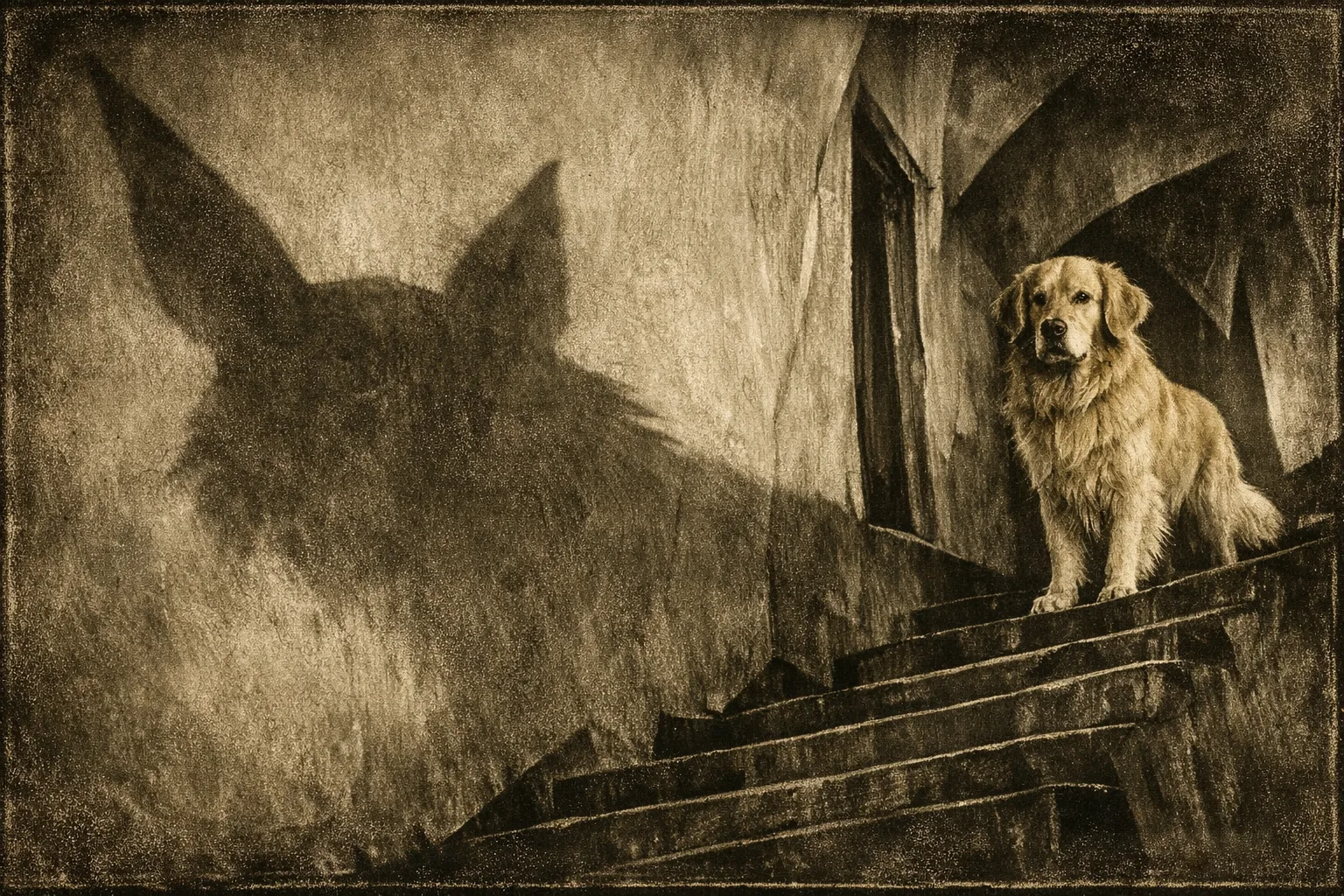 Rufus rendered as a Nosferatu 1922 film still: They are the shadow that climbs the stair