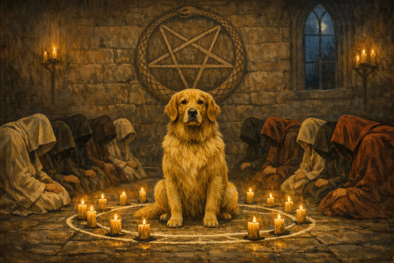 Rufus rendered as a Occult 1973 film still: They are the one the circle kneels to