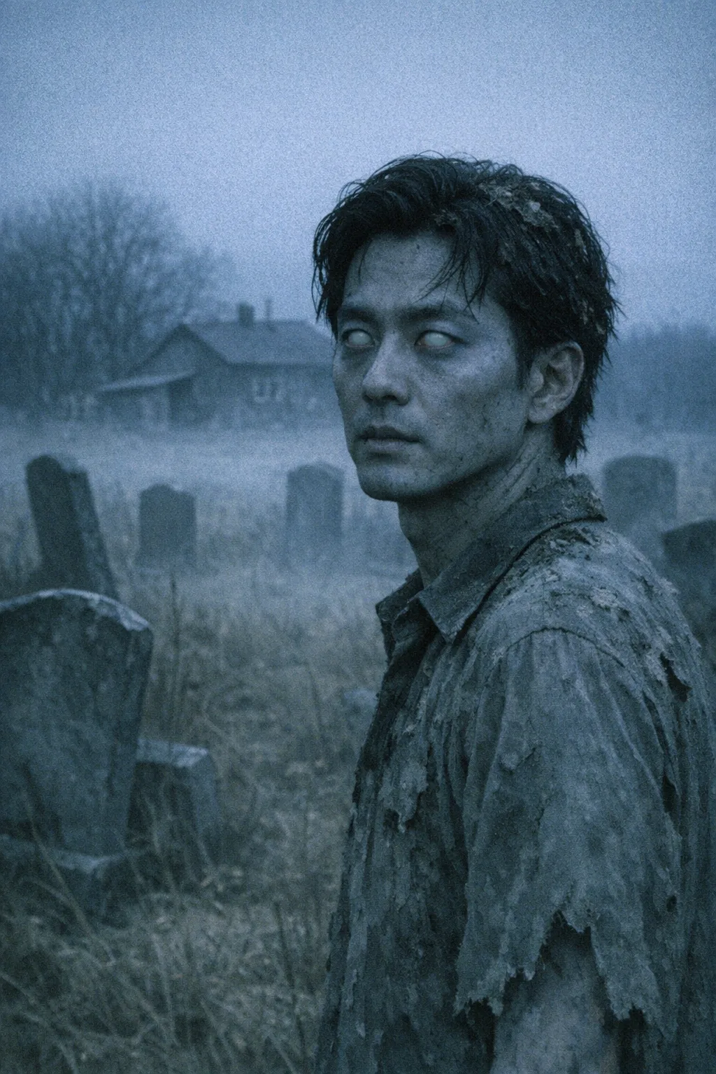 Kenji rendered as The Risen: Romero grey, graveyard dawn, slow