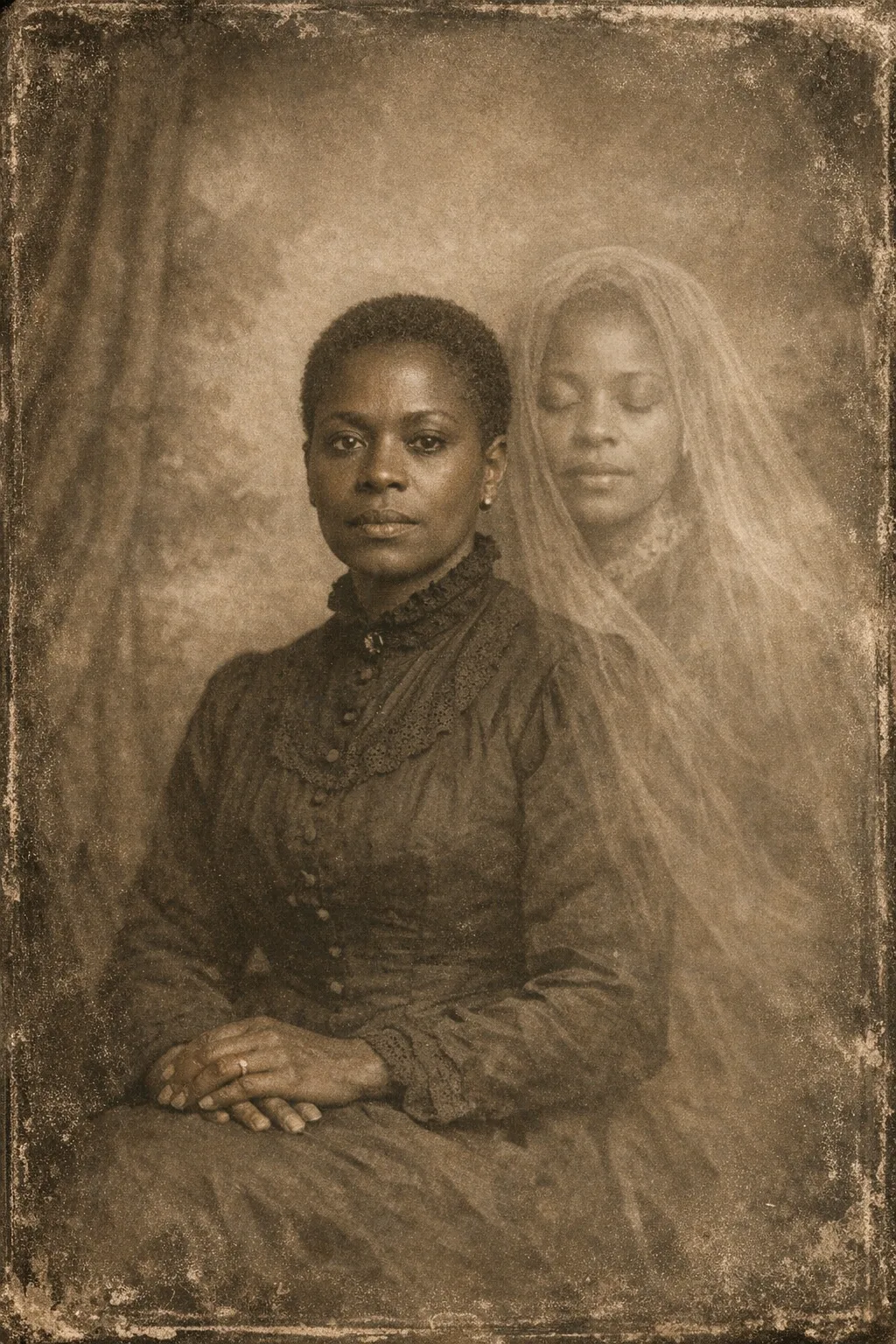 Imani rendered as Spirit Photograph 1885: Victorian wet-plate, double exposure, sepia