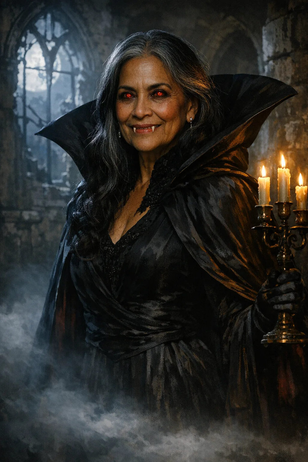 Rosa rendered as The Vampire: Bloodless aristocrat, black cape, candle light