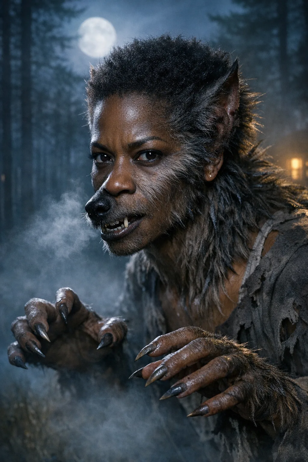 Imani rendered as The Werewolf: Mid-transformation, moonlit pine, practical fur