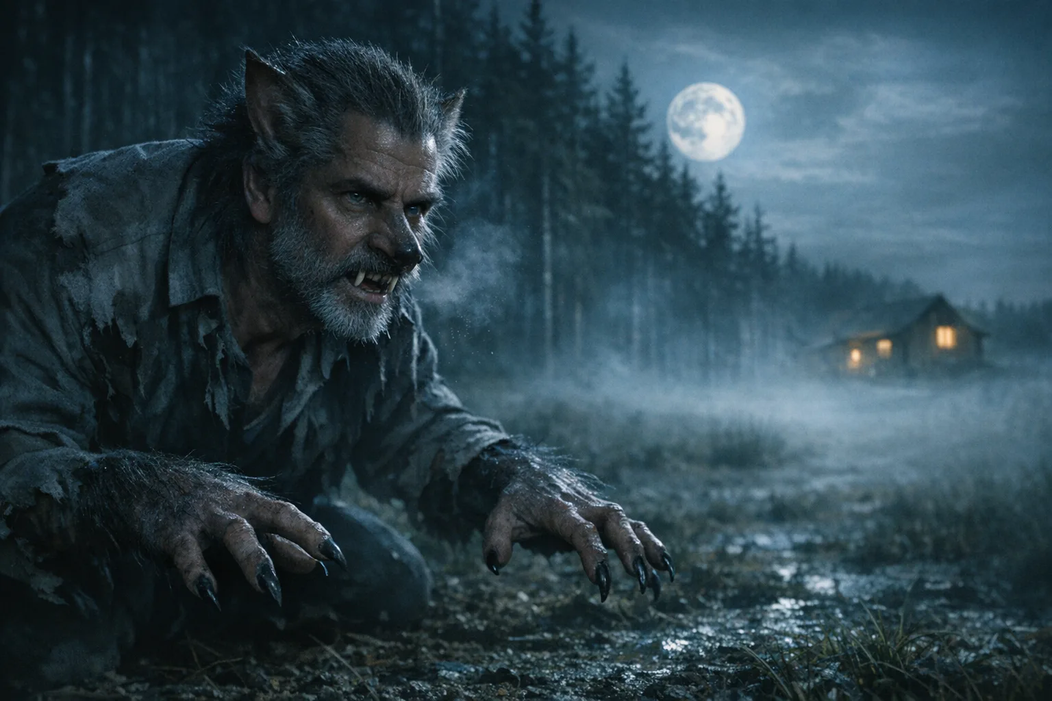 Silas rendered as a The Werewolf film still: You are the change, under a full moon